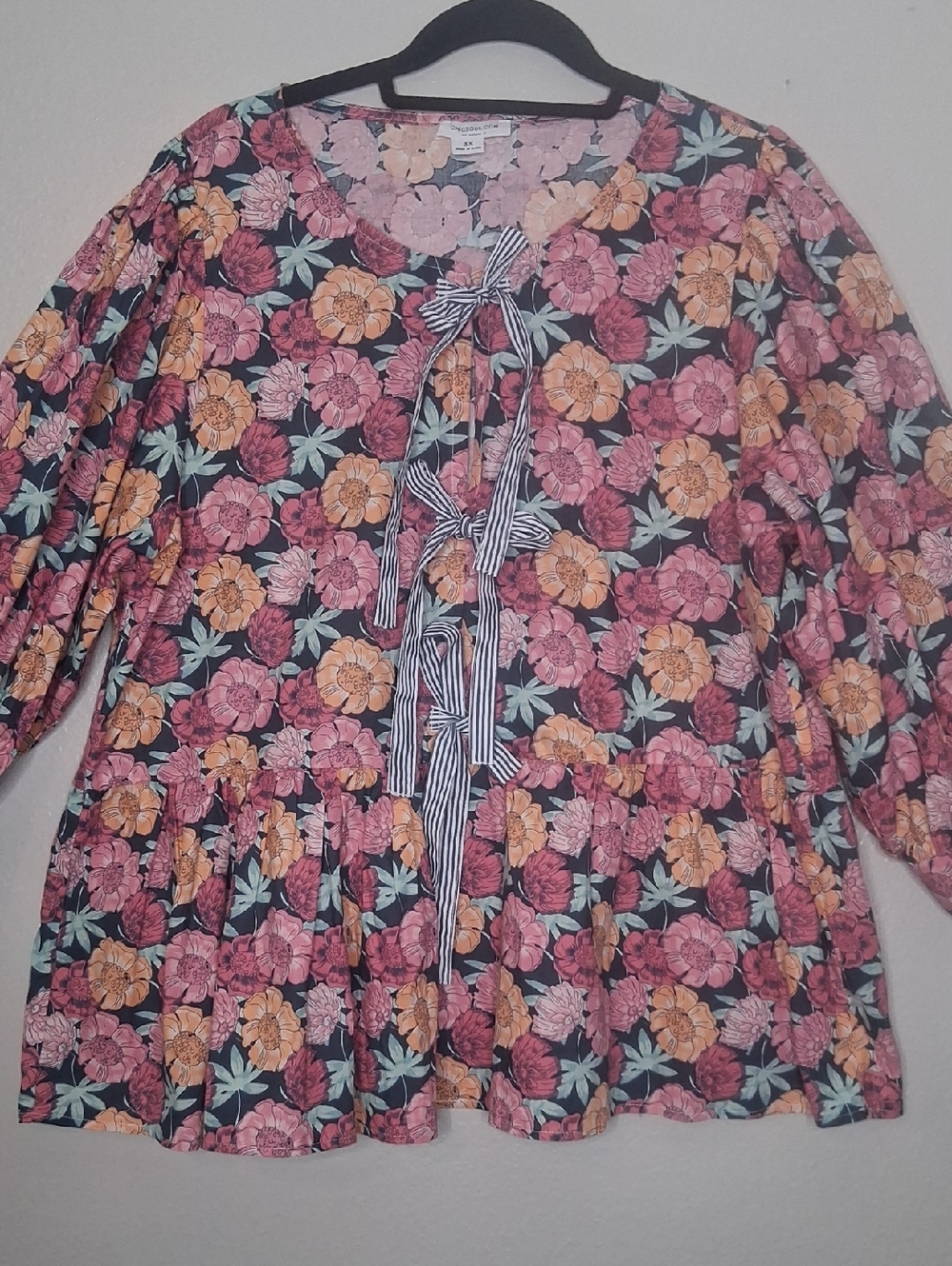Chicsoul Floral Blouse 3/4 Sleeve Bow Detail Cotton Cottagecore Plus 3X
